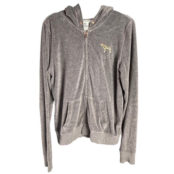 VS PINK Y2K Hoodie Dog Logo Sz Large Full ZIp Gray Velour Gold Sequin LOVE PINK - Picture 2 of 11